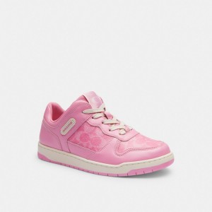 Coach C201 Low Top Sneaker In Signature Canvas Kadın Spor Ayakkabı Pembe | 54910ORNU