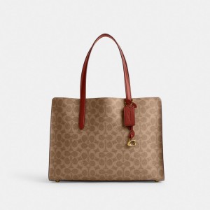 Coach Carter Carryall Bag In Signature Canvas Kadın El Çantası Kahverengi Kırmızı | 48327HIZF