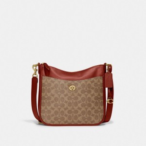 Coach Chaise Crossbody Bag In Signature Canvas Kadın Çapraz Askılı Çanta Kahverengi Kırmızı | 40613XHMT