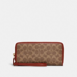 Coach Continental Wallet In Signature Canvas Kadın Büyük Cüzdan Kahverengi Kırmızı | 79046VIRL