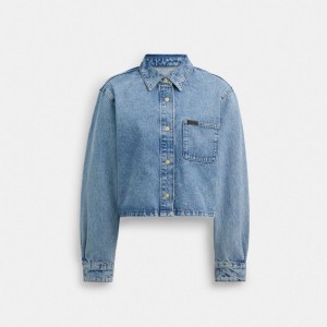 Coach Cropped Denim Button Down Kadın Üstler Mavi | 38249UONF