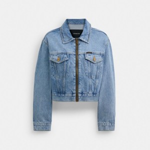 Coach Denim Crop Jacket In Organic Cotton Kadın Mont Mavi | 94103UFML