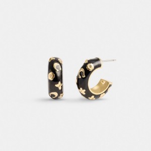 Coach Enamel Signature Floral Huggie Earrings Kadın Takı Altın Siyah | 42950RVXO