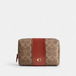 Coach Essential Cosmetic Pouch In Signature Canvas Kadın Seyahat Çantası Kahverengi Kırmızı | 45127CLRS