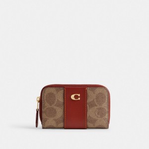 Coach Essential Small Zip Around Card Case In Signature Canvas Kadın Kart Kılıfı Kahverengi Kırmızı | 04819VTNX