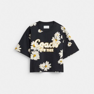 Coach Floral Cropped Signature Script T Shirt In Organic Cotton Kadın Üstler Siyah | 58391IREG