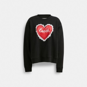 Coach Heart Crewneck Sweater Kadın Üstler Siyah | 48637AVGB