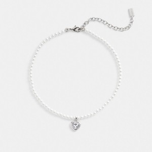 Coach Heart Pearl Choker Necklace Kadın Takı Gümüş | 39864OZEV
