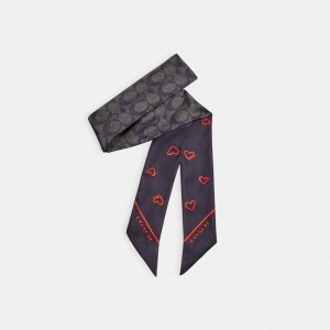 Coach Hearts Print Silk Skinny Scarf Kadın Eşarp Siyah Kırmızı | 48705MRHO