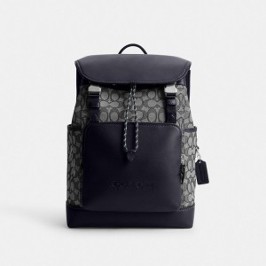 Coach League Flap Backpack In Signature Jacquard Erkek Sırt Çantası Lacivert | 32146AOHQ