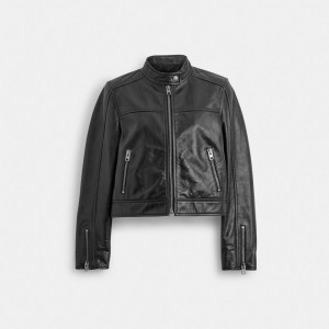 Coach Leather Racing Jacket Kadın Mont Siyah | 20547DLHE