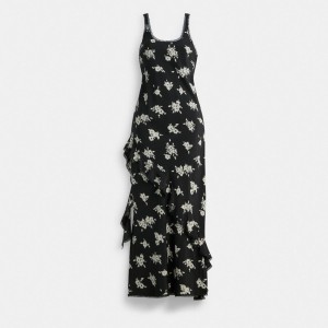 Coach Long Floral Ruffle Dress Kadın Elbise Siyah Beyaz Renkli | 94126LFQS
