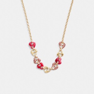Coach Pave Hearts Chain Link Necklace Kadın Takı Altın Pembe Renkli | 41578MWDR