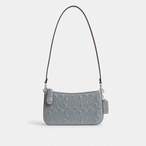 Coach Penn Shoulder Bag In Signature Leather Kadın Omuz Çantası Gümüş Gri Mavi | 43120TDAK