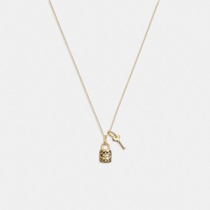 Coach Quilted Padlock Key Pendant Necklace Kadın Takı Altın Siyah | 89273XDBK