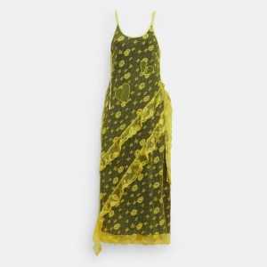 Coach Ruffle Lace Dress Kadın Elbise Sarı | 32651SUED