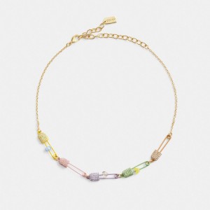 Coach Safety Pin Charm Link Choker Necklace Kadın Takı Altın Renkli | 41635MGTF