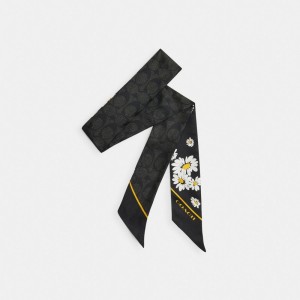 Coach Signature Daisy Cluster Print Silk Skinny Scarf Kadın Eşarp Siyah | 72903IRET