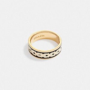 Coach Signature Enamel Ring Kadın Takı Altın Siyah | 92537YSQC