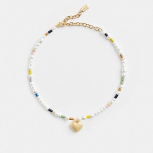 Coach Signature Heart Beaded Pearl Choker Necklace Kadın Takı Altın Renkli | 95427RUYA