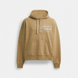 Coach Signature Long Sleeve Relaxed Americana Pullover Hoodie Erkek Üstler Haki | 74235ZGYK