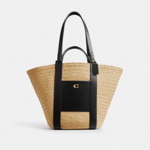 Coach Straw Pocket Tote Kadın Tote Çanta Bej Rengi | 73216TWPA