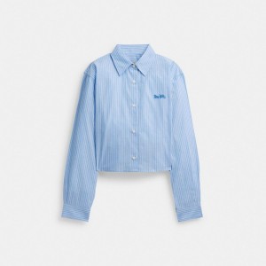 Coach Striped Cropped Button Up Shirt Kadın Üstler Mavi Renkli | 40195WZYB