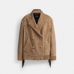 Coach Suede Fringe Jacket Kadın Mont Koyu Bej Rengi | 64503GYXT