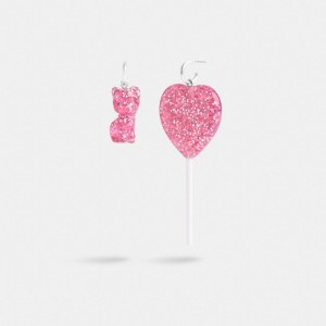 Coach The Lil Nas X Drop Cat And Heart Lollipop Mismatch Earrings Kadın Takı Gümüş Pembe | 51067LWTV