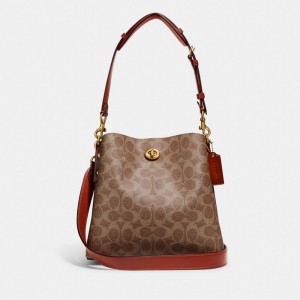 Coach Willow Bucket Bag In Signature Canvas Kadın Omuz Çantası Kahverengi Kırmızı | 41572FDJL