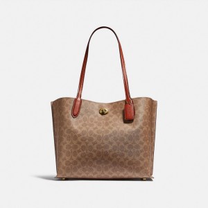 Coach Willow Tote Bag In Signature Canvas Kadın Tote Çanta Kahverengi Kırmızı | 41695QLYK