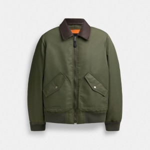 Coach Woven Jacket With Leather Collar Erkek Mont Yeşil | 04856TCAM